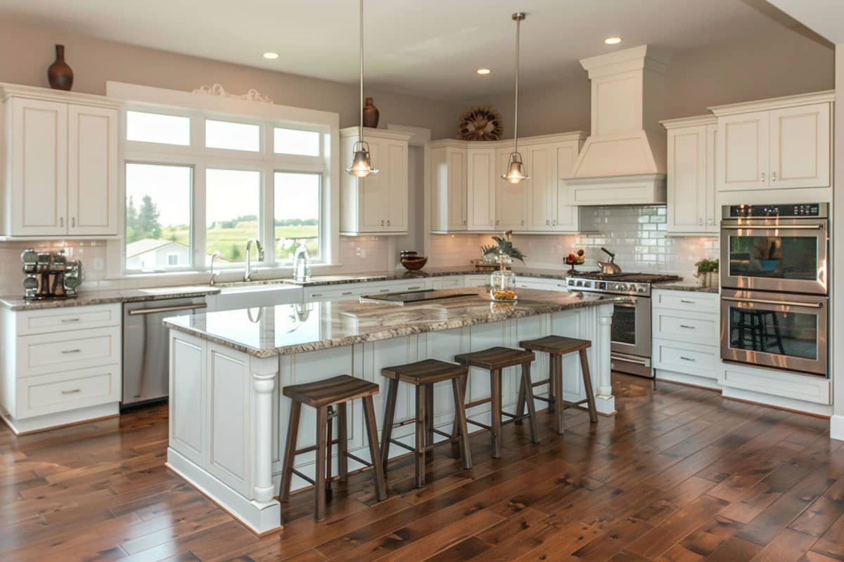 luxury kitchen with wood laminate flooring island and stools