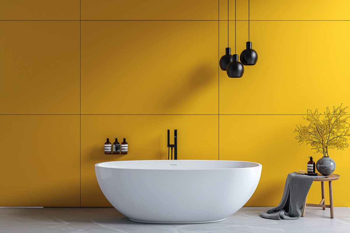 minimalist bathroom with tub and pendant lights