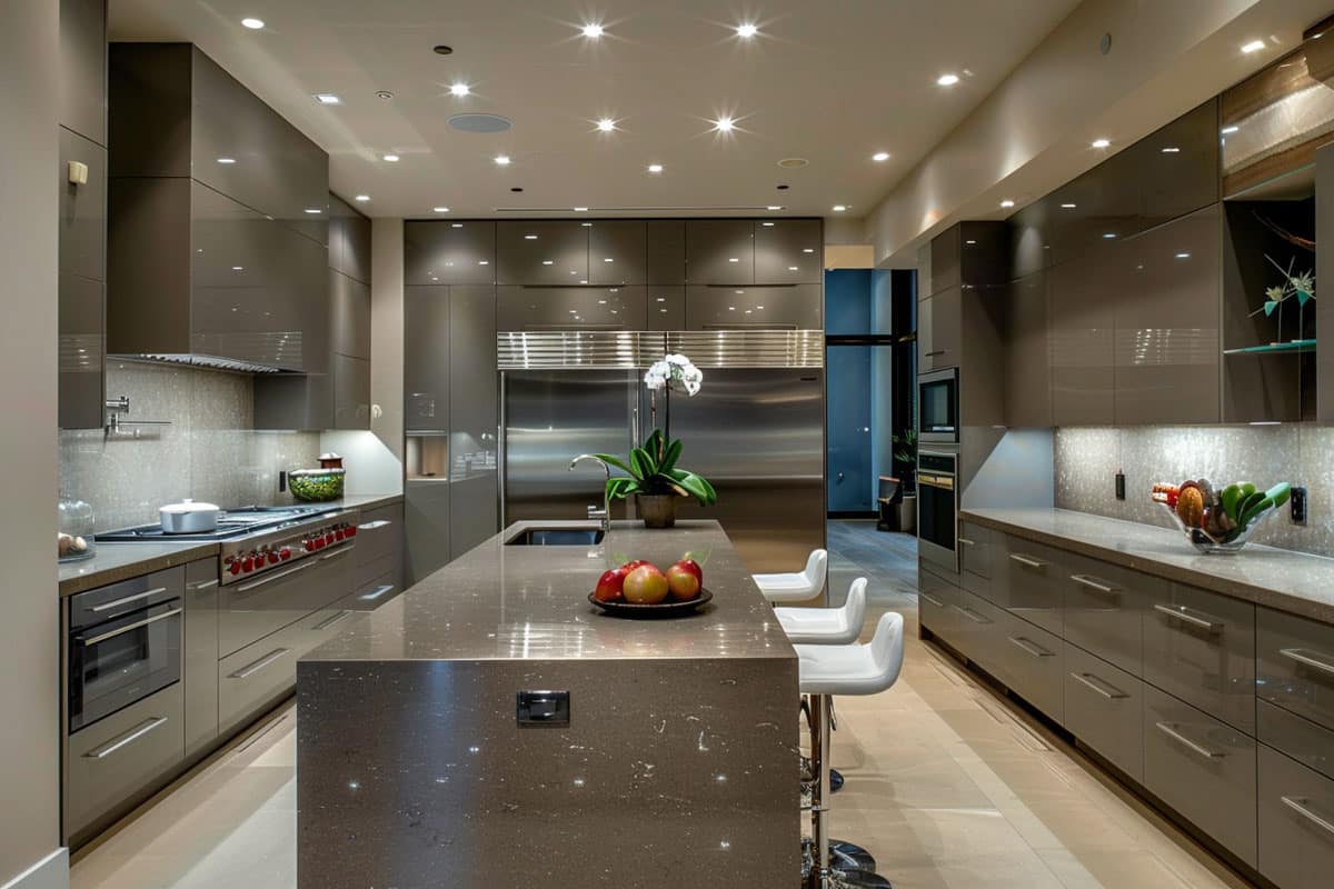 modern kitchen design with sleek cabinets and ceiling lights