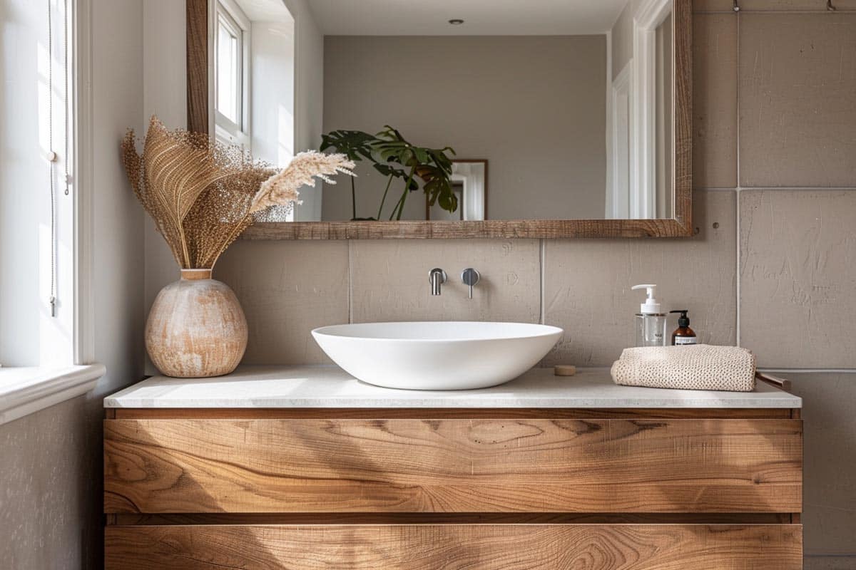scandi bathroom with wood vanity and white counter