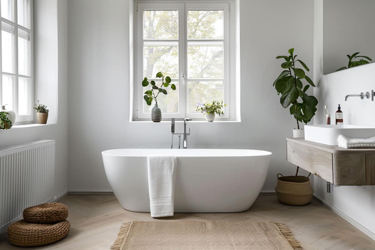 White hygge bathroom with tub and floating vanity