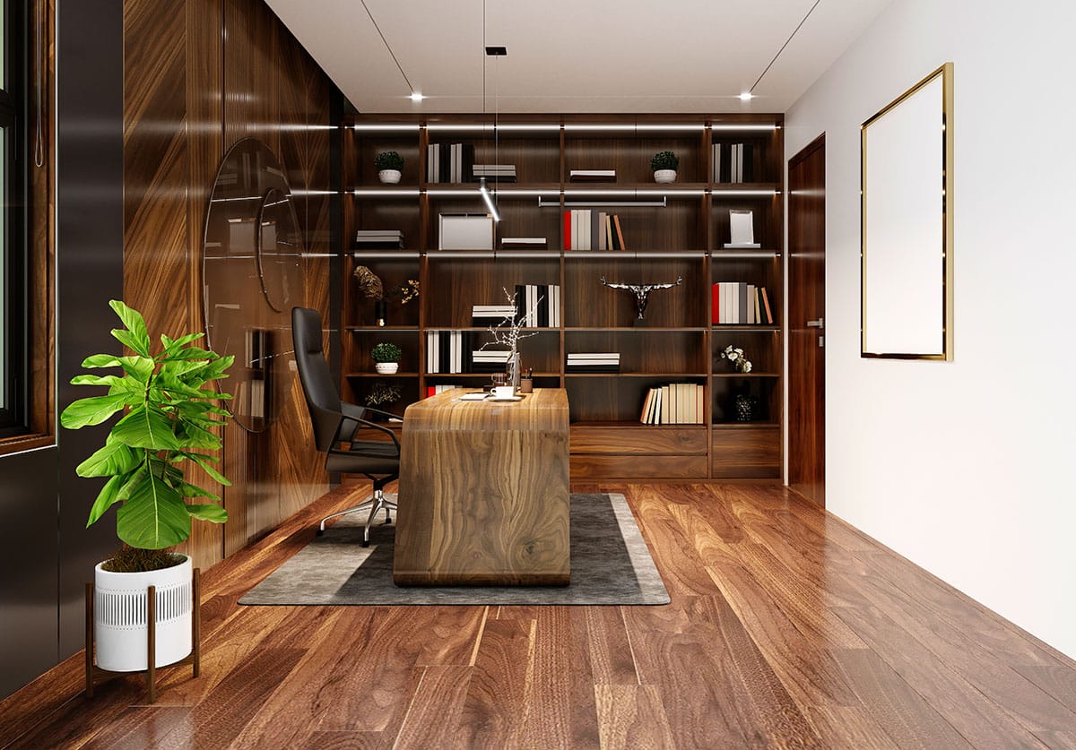 Modern home office design with modern wood desk cabinet shelves indoor plant
