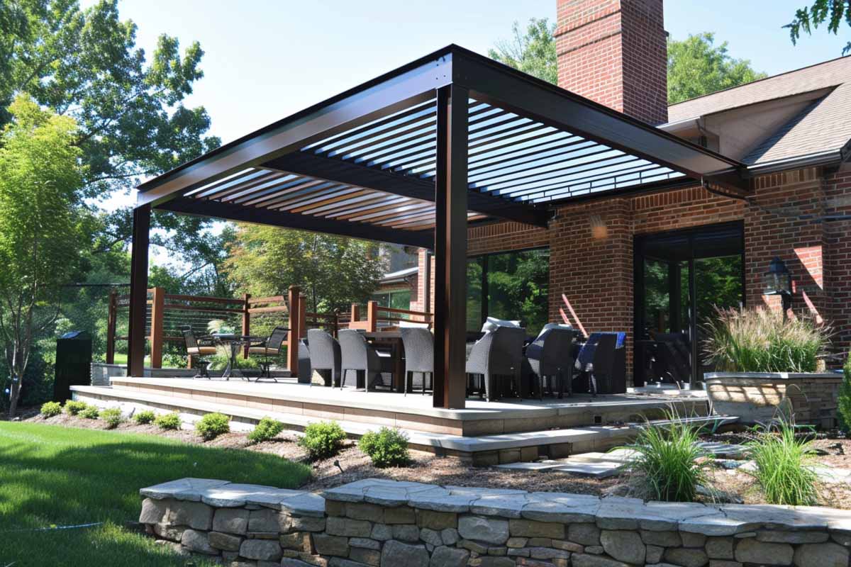 patio with chairs and adjustable louvers