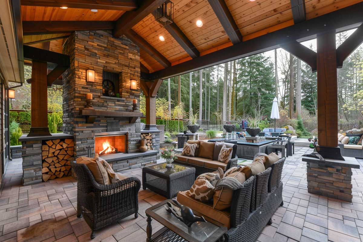 Patio with stacked stone fireplace and recessed light roof overhang