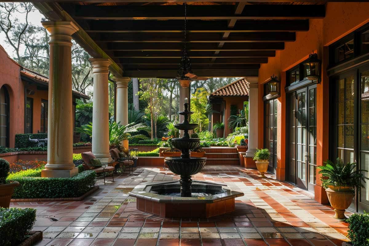Old world style patio with fountain and terracotta brick