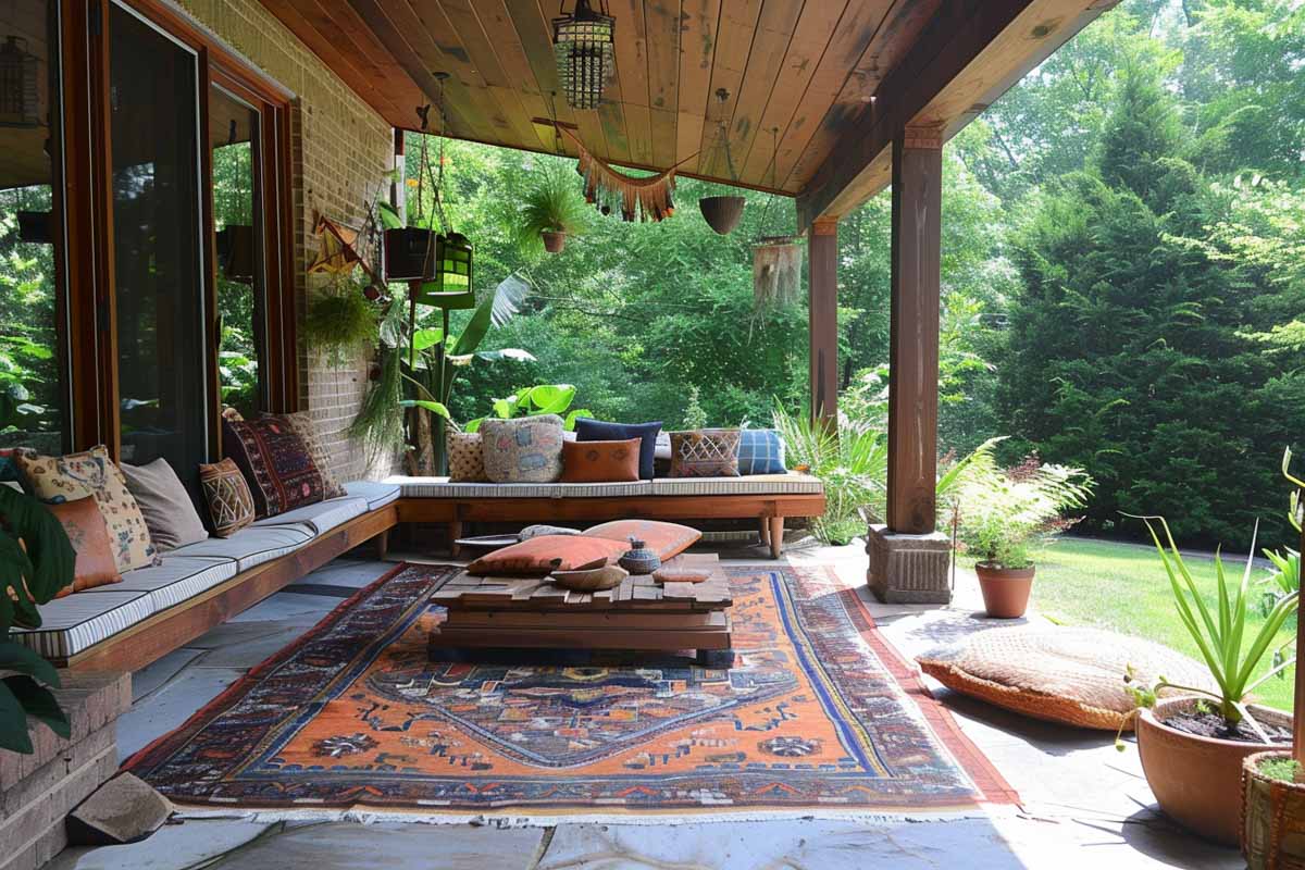 Bohemian style patio with outdoor rug