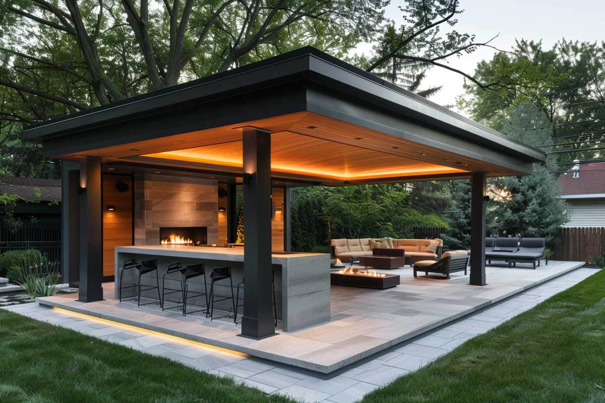 patio with grey slate and modern pavilion with outdoor kitchen, fireplace and overhead lighting