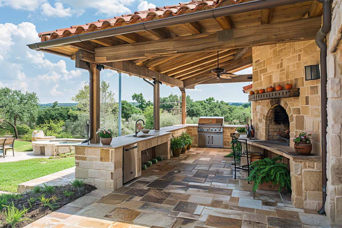 patio with pizza oven and outdoor kitchen