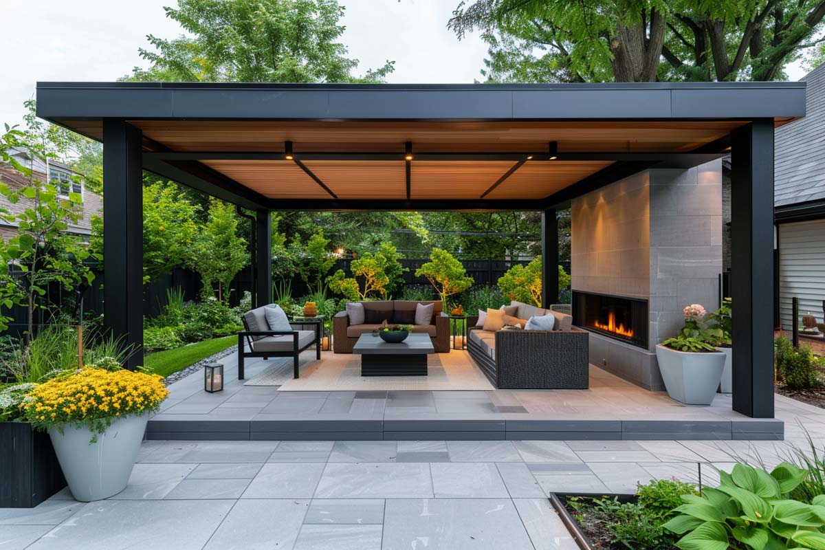modern patio pavilion with wooden ceiling and lighting