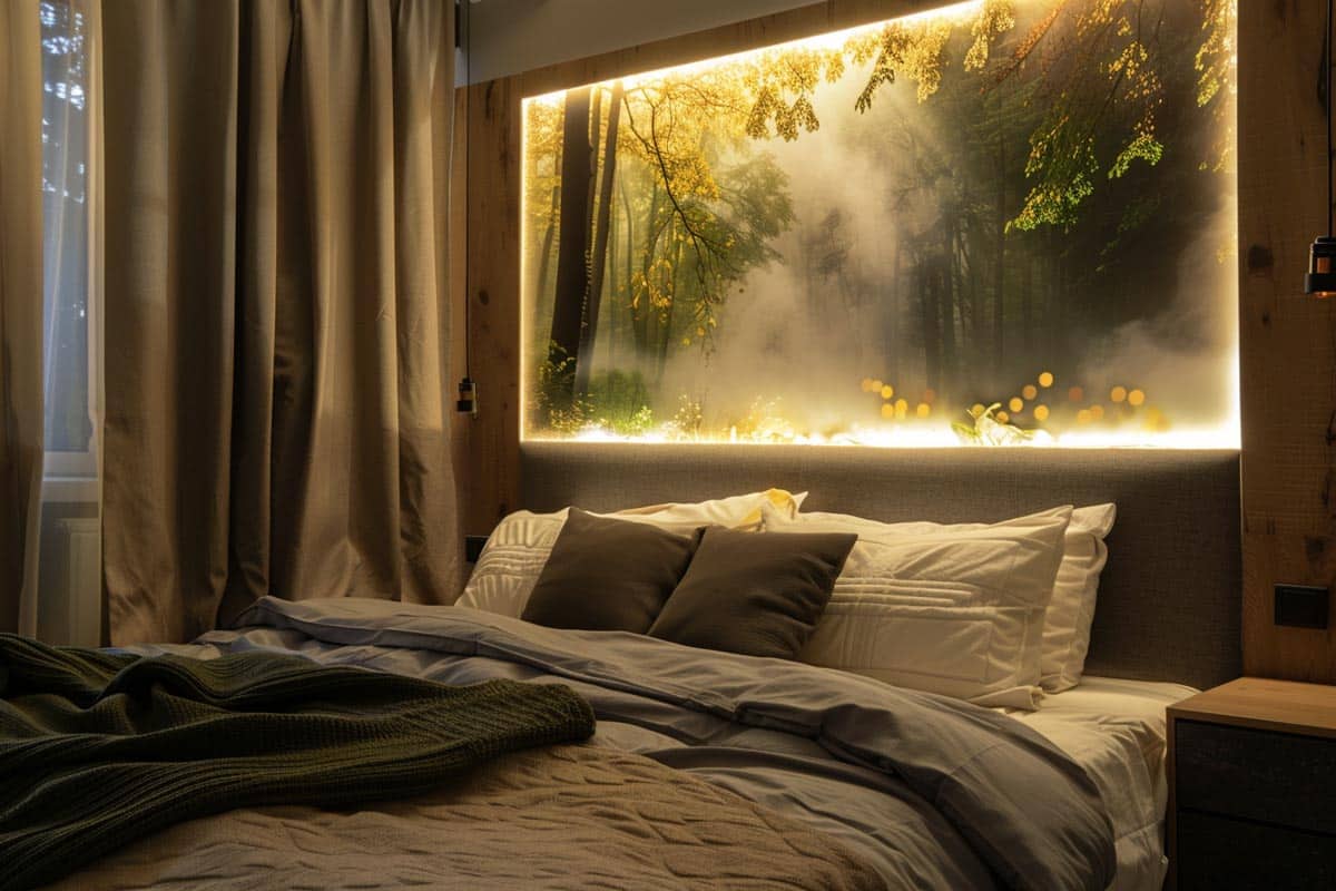 bedroom with LED backlit art
