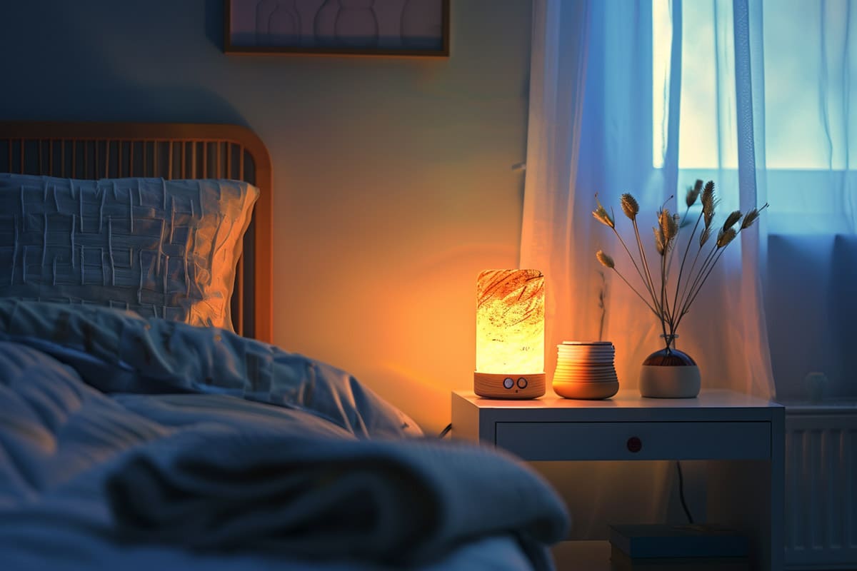 bedroom with LED bedside lamp