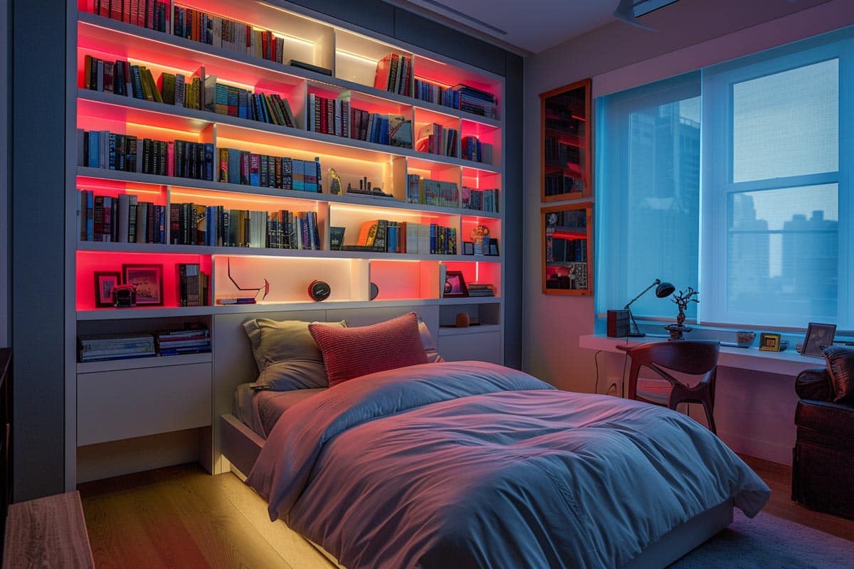 bedroom with LED bookcase