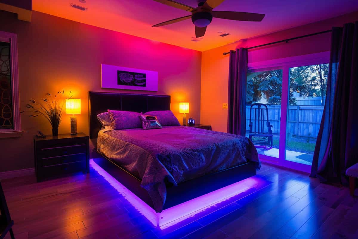 bedroom with LED color changing lights