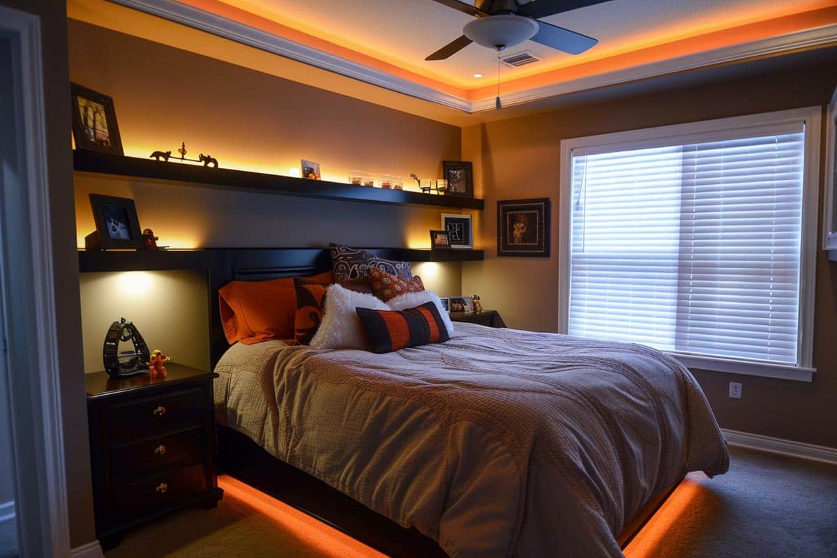 bedroom with LED floating shelf