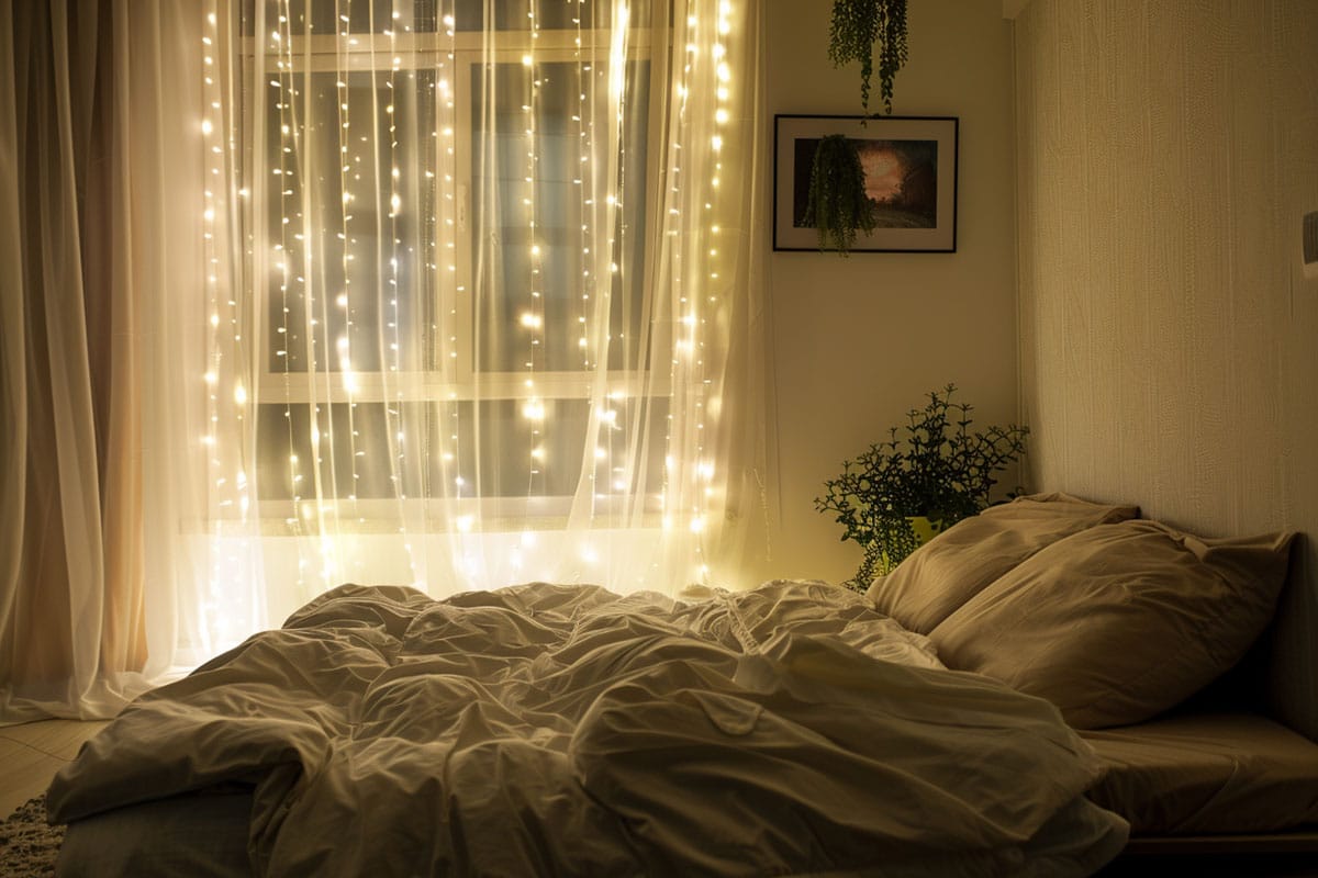 bedroom with LED lights behind sheer curtains