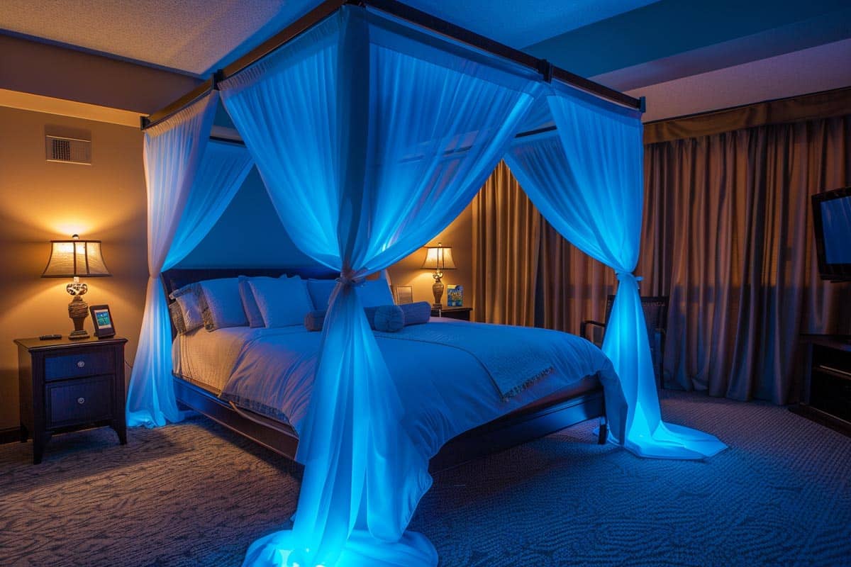 bedroom with LED lit canopy bed