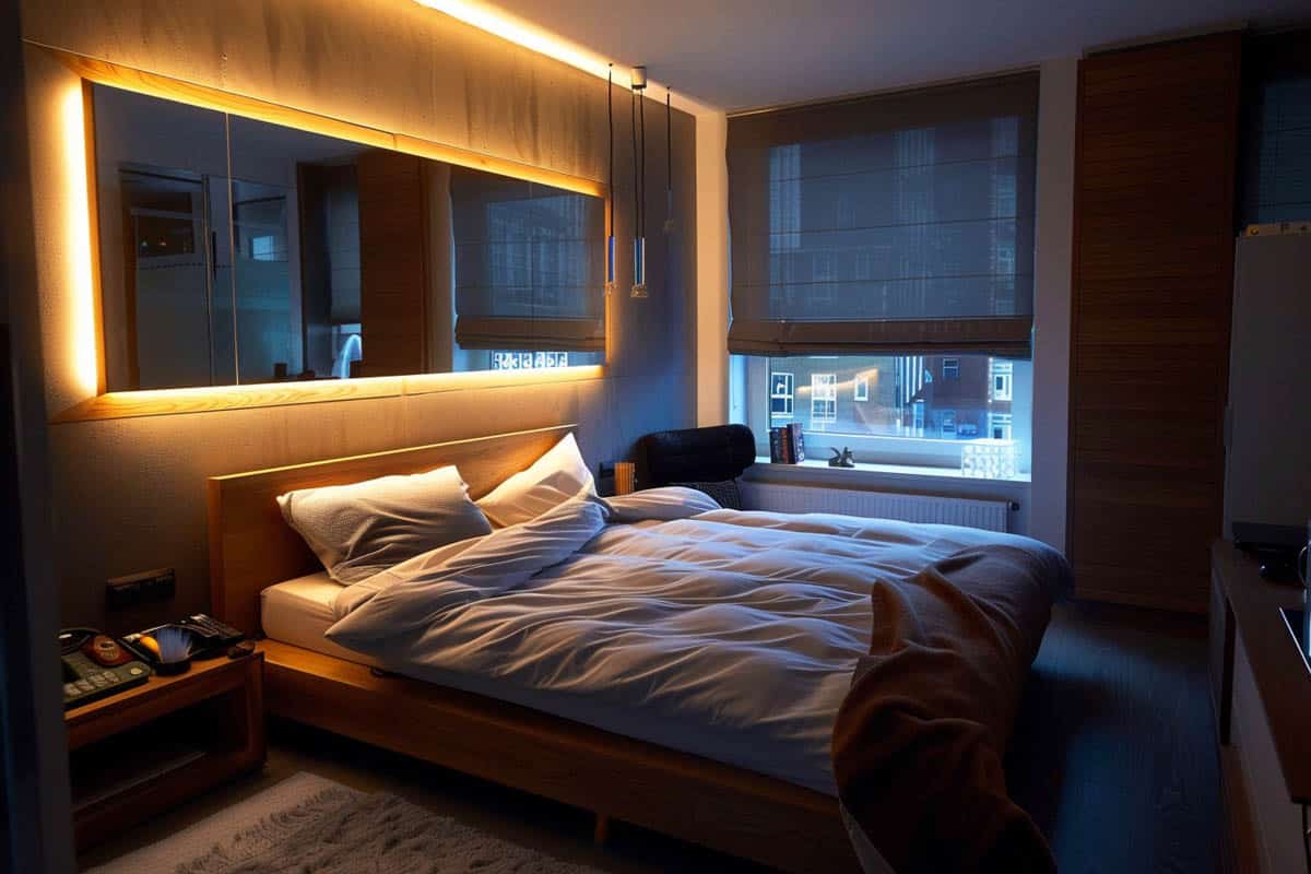 bedroom with LED mirror