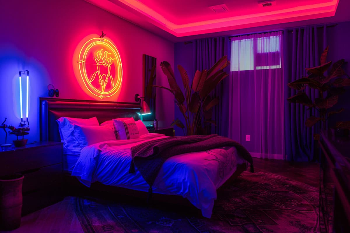 bedroom with neon sign