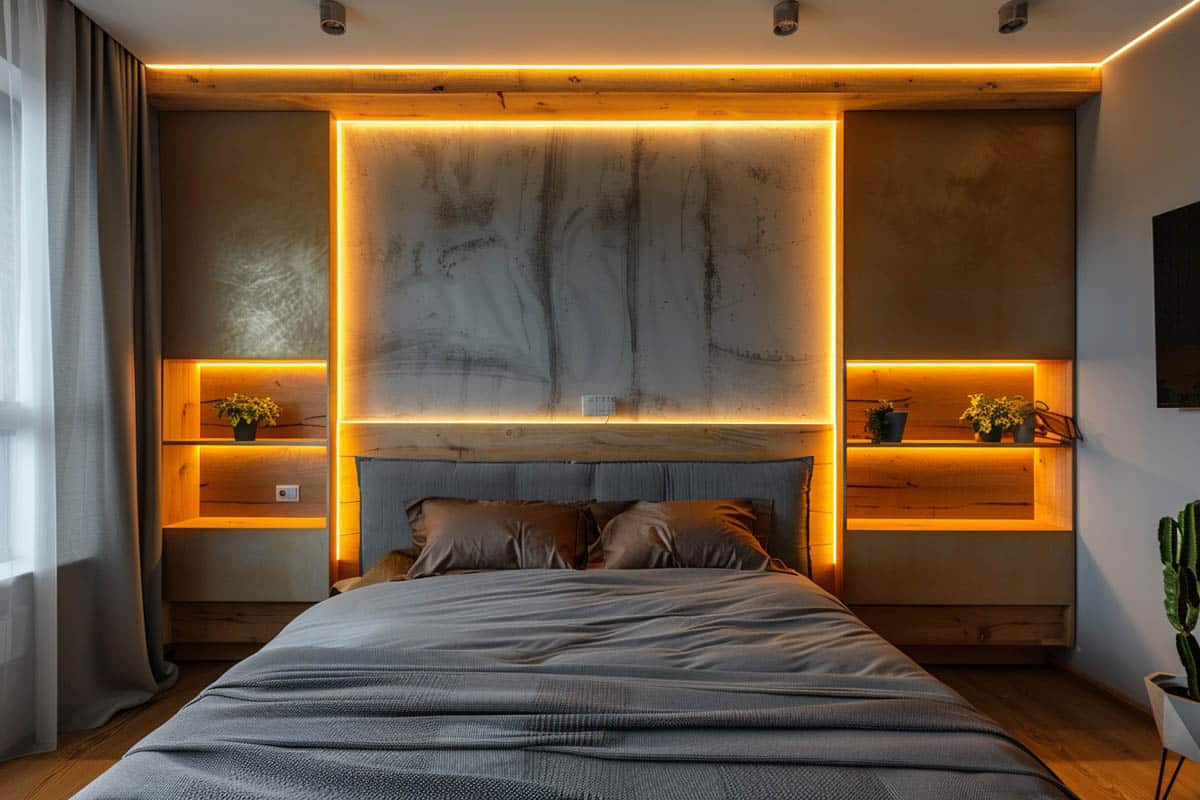 bedroom with shelf accent light
