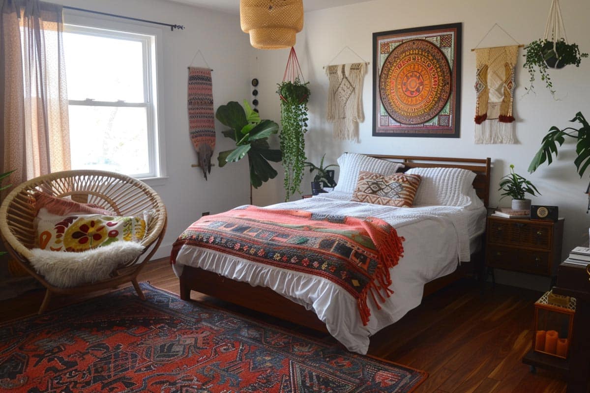 Bedroom with DIY artwork, floor rug and rattan chair