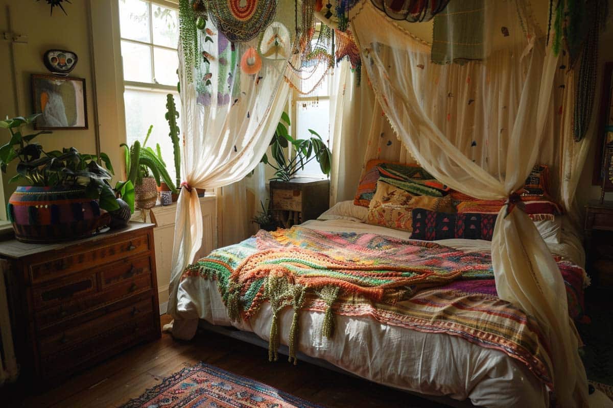 Bedroom with canopy bed and knitted patterns