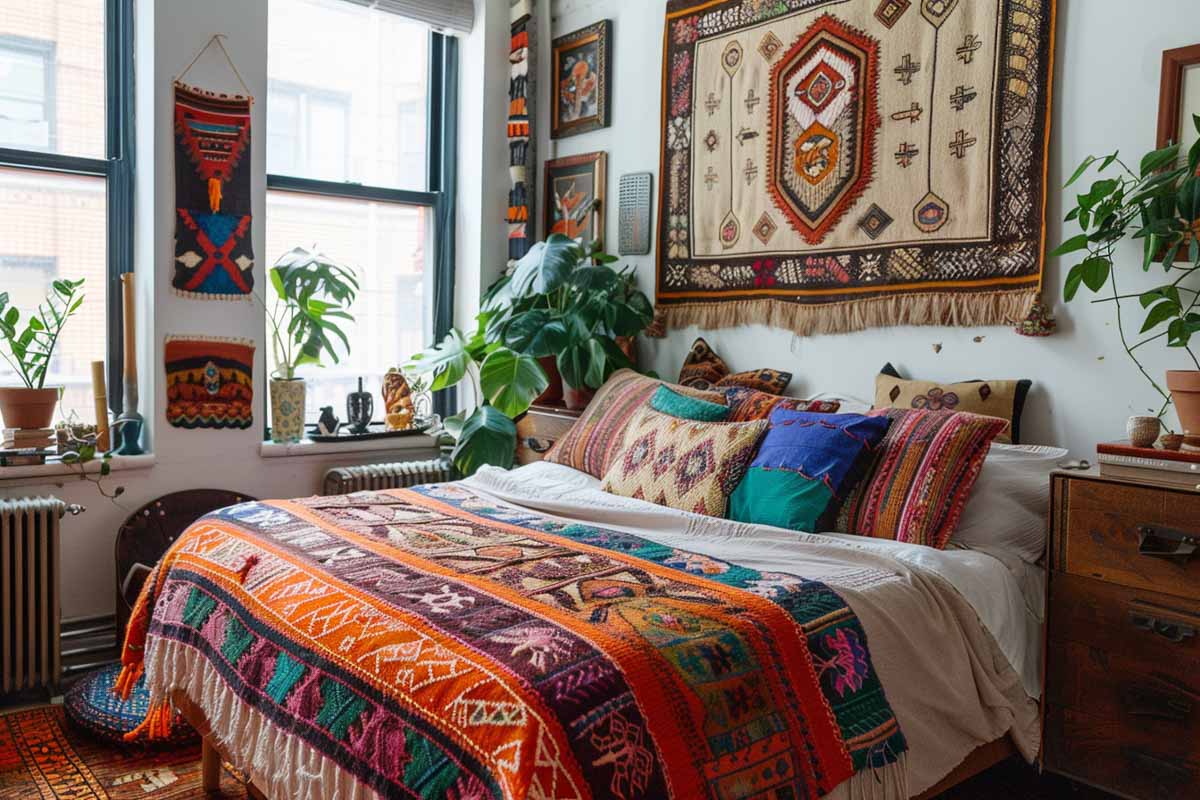 Bedroom with colorful textiles on bed and walls