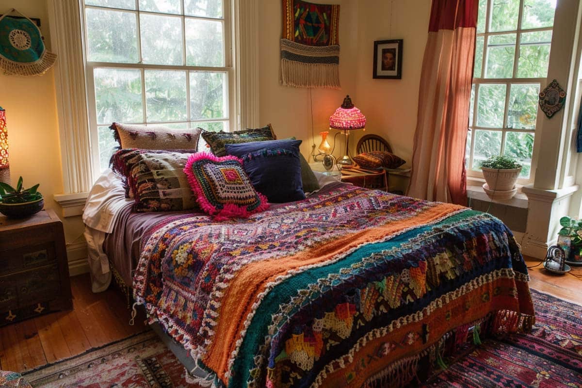 Bedroom with crochet throws and pillows