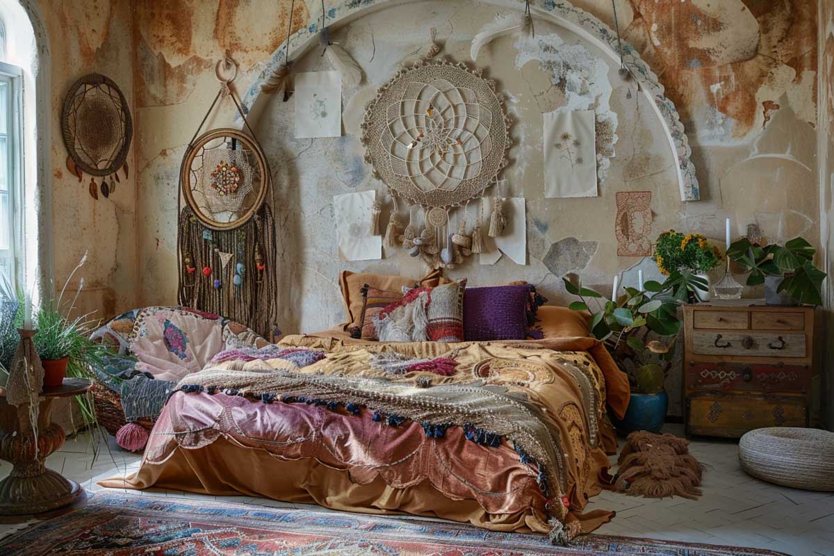 bedroom with dreamcatchers and silk bedding