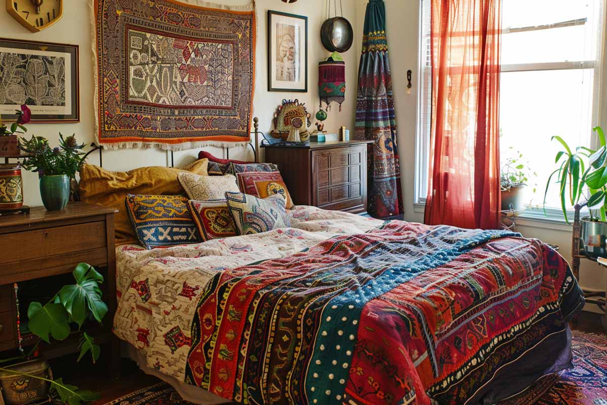 bedroom with ethnic prints and orange sheer curtains