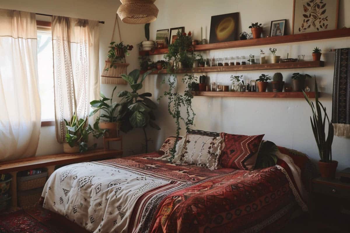 bedroom with floating shelves and decor pieces