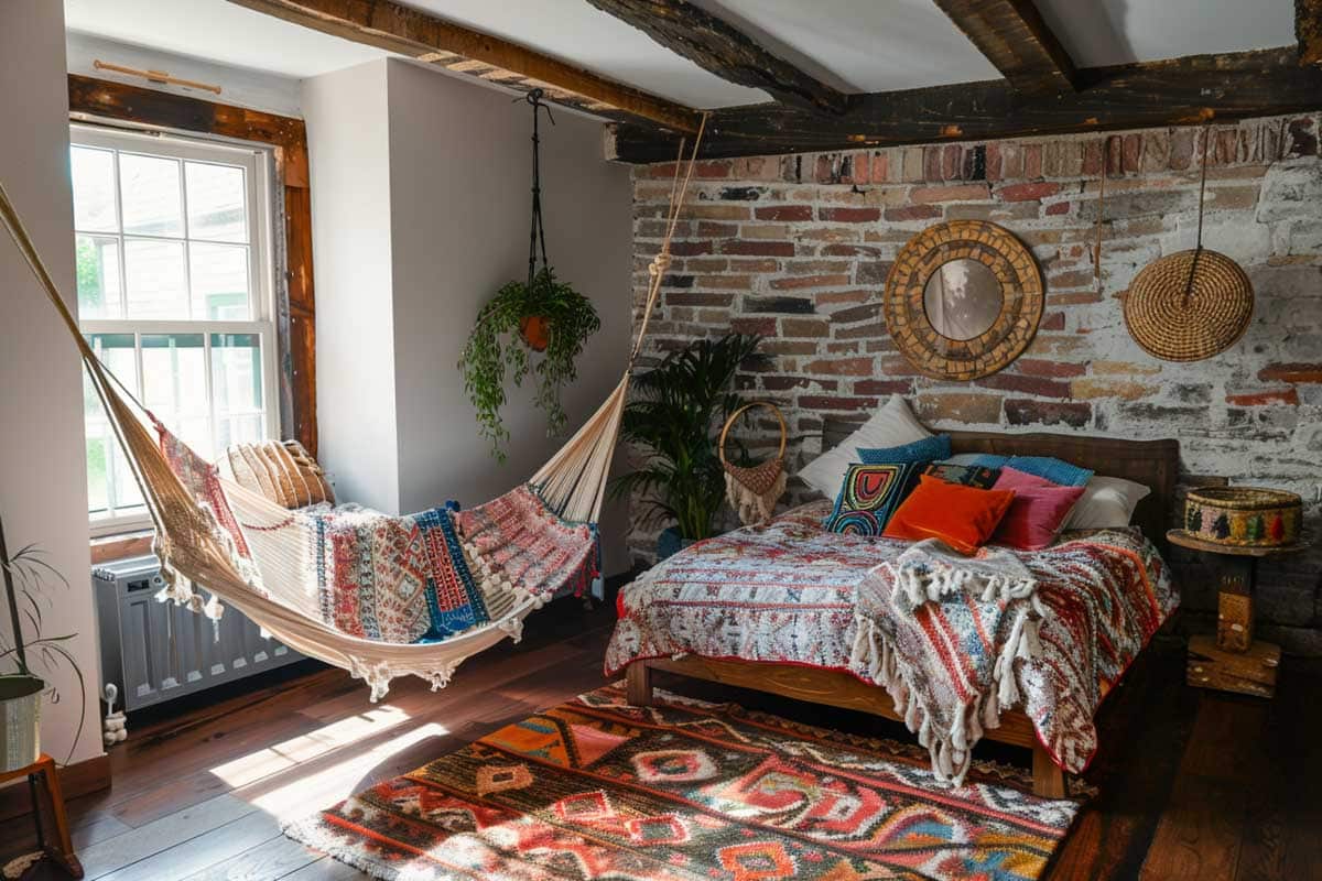 bedroom with hammock and whitewashed brick