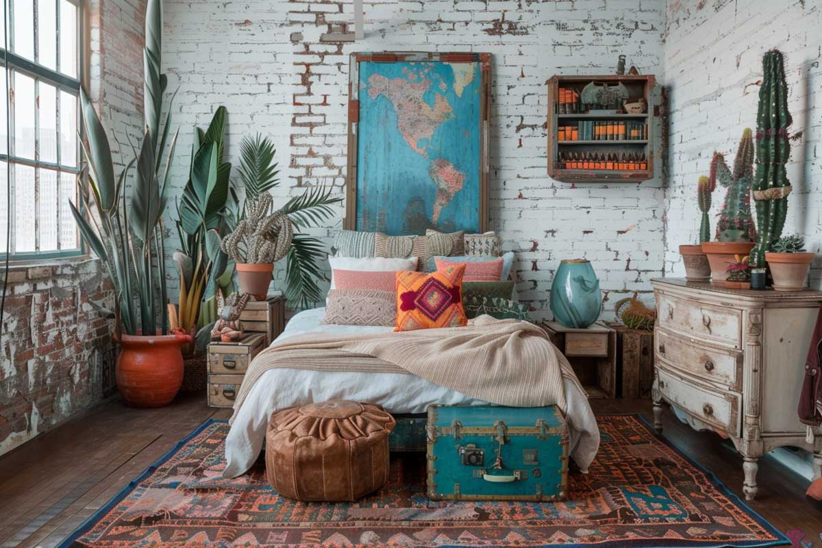 bedroom with indoor plants, distressed dresser and painted brick wall