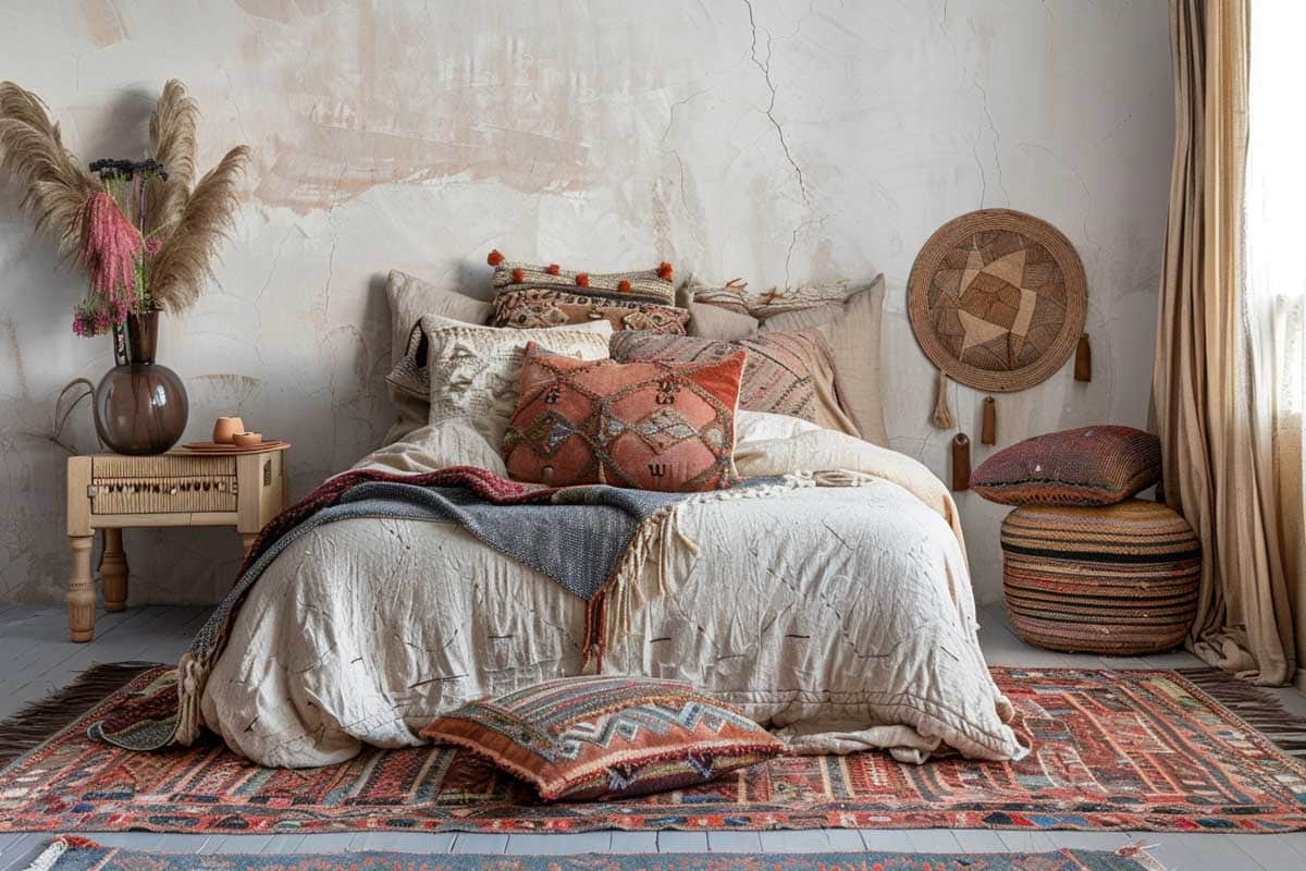 bedroom with layered rugs