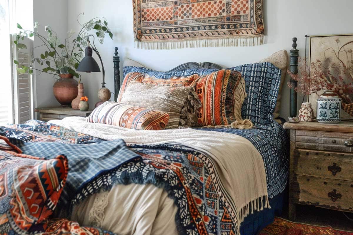 boho room with mixed patterns on bedding and pillows