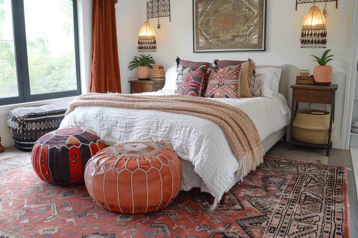 inviting bedroom with moroccan poufs