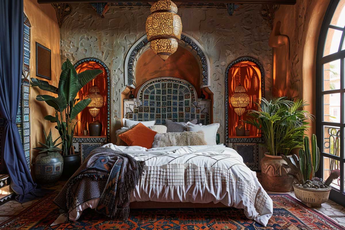 Moroccan bedroom with textured wall and tile accents