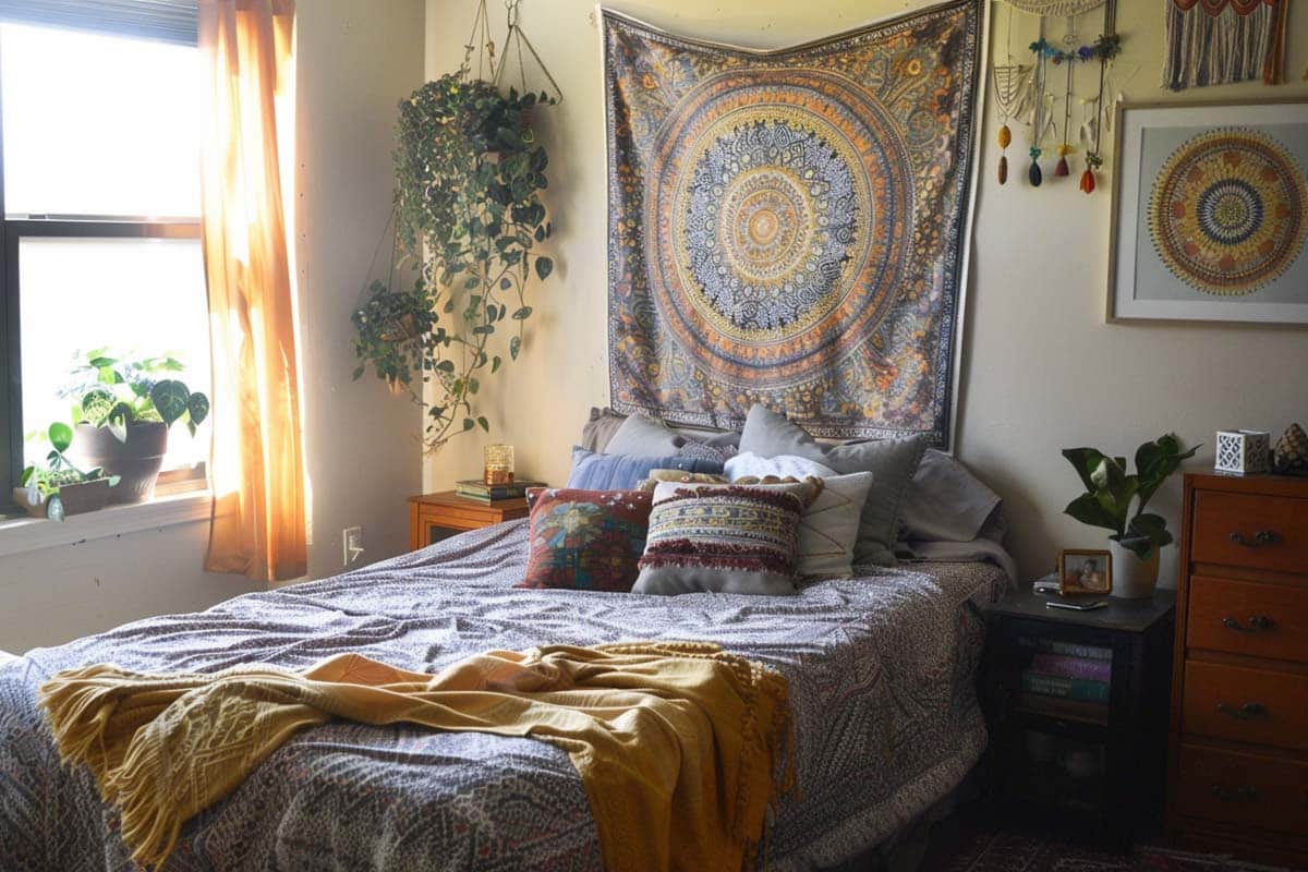 artsy bedroom with printed cloth