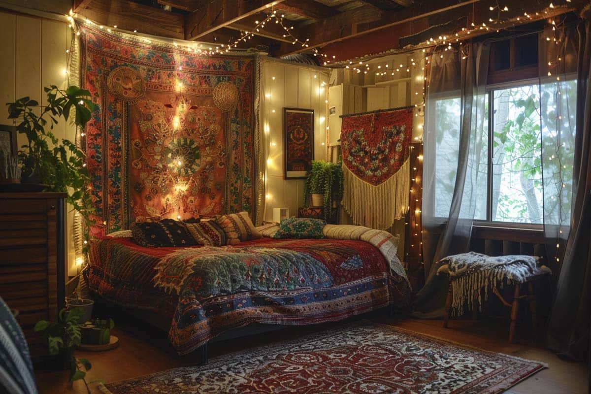 mysterious bedroom with string lights