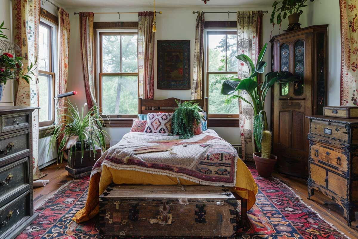 boho country bedroom with vintage furniture