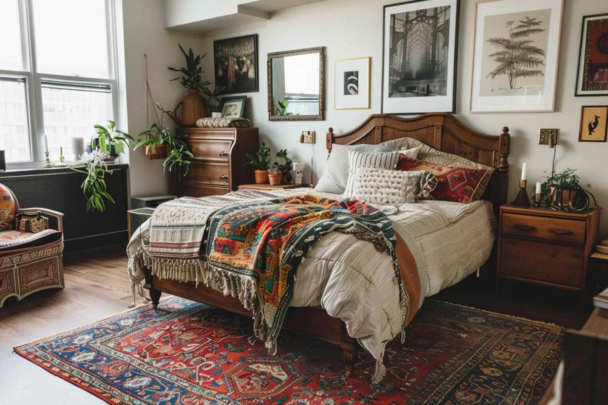 charming bedroom with vintage textiles