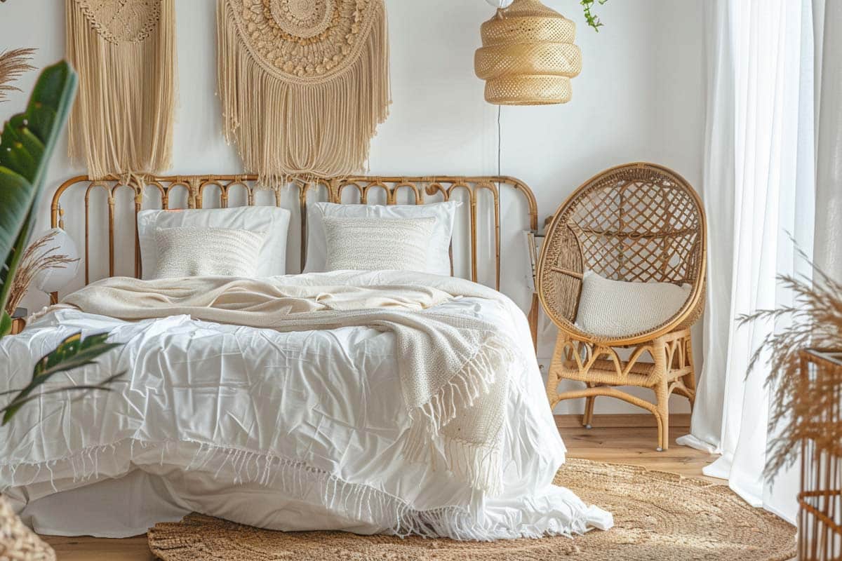 boho style bedroom with wicker furniture