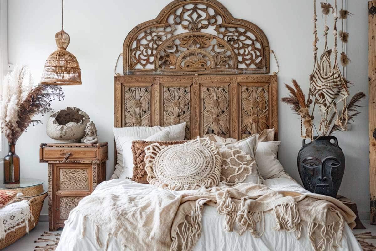 bohemian bedroom with wooden headboard