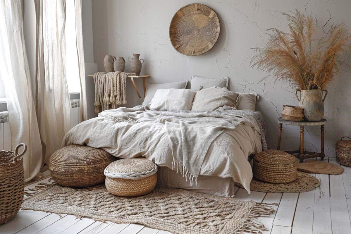 Boho bedroom design with woven basket decor