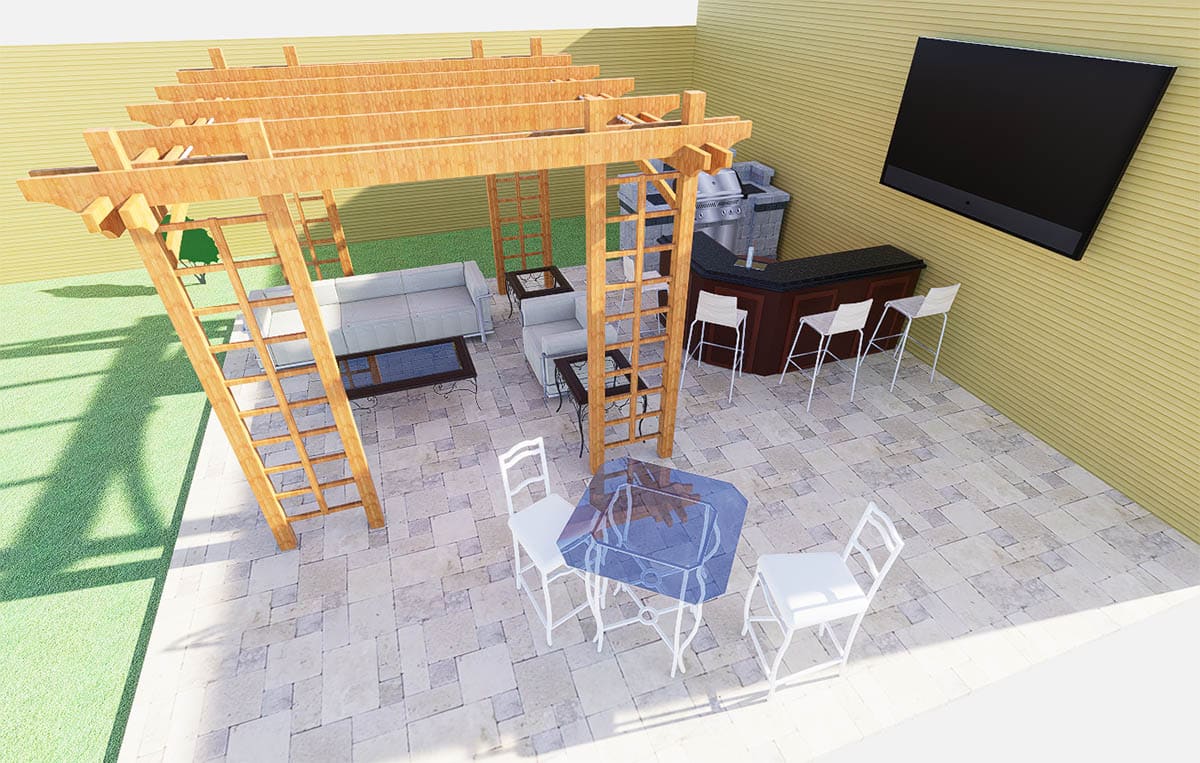 Backyard design patio with wood pergola shade structure and barstool seats with counter 