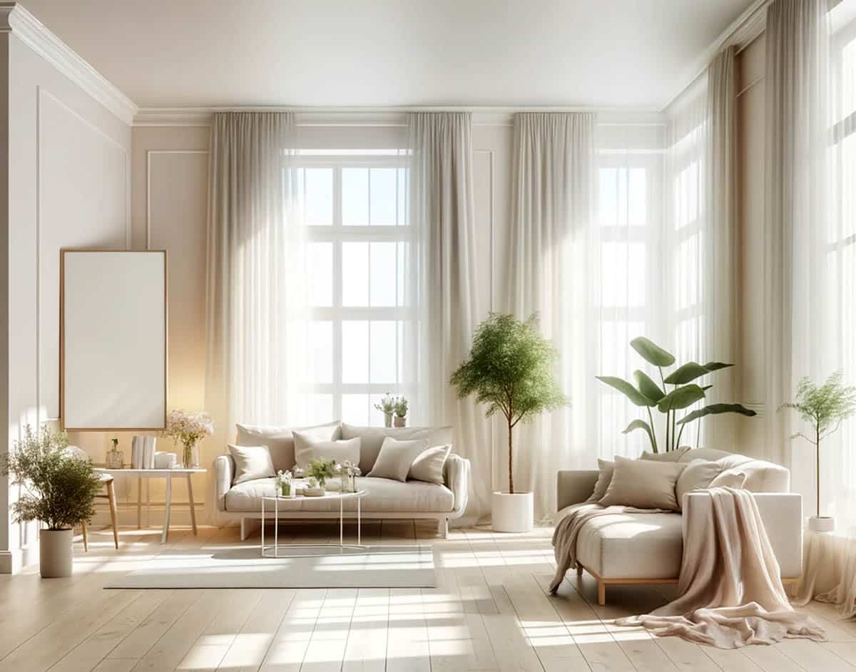 Light and airy off-white painted room with curtains