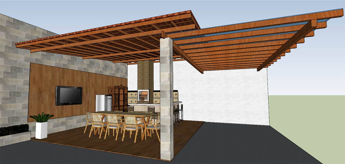 Modern canopy over deck with wood accent wall and tv