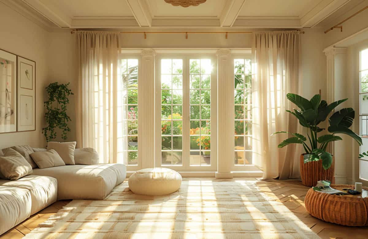 Stylish living room with beige floor length curtains