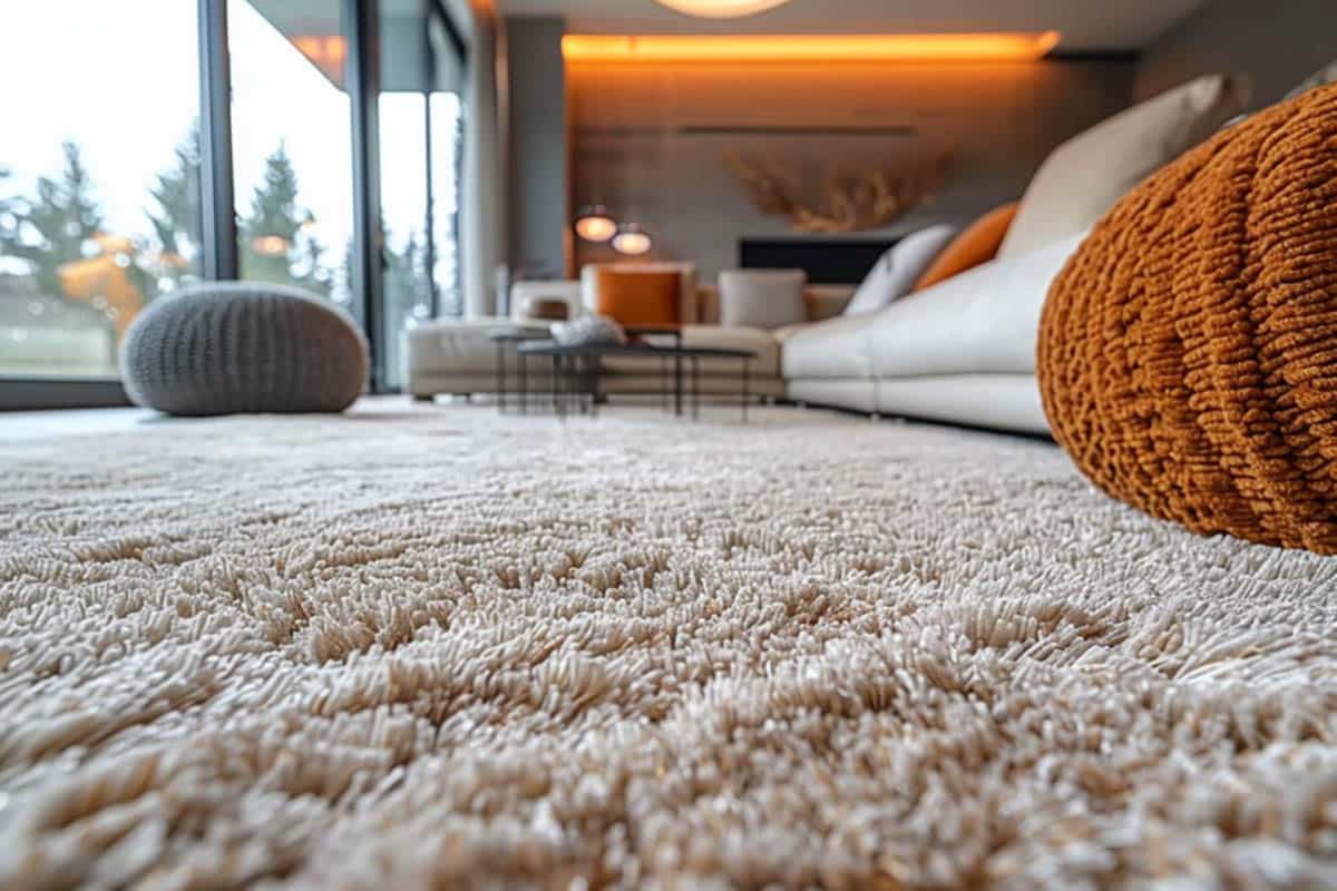 Low pile carpet with sofas in stylish living room