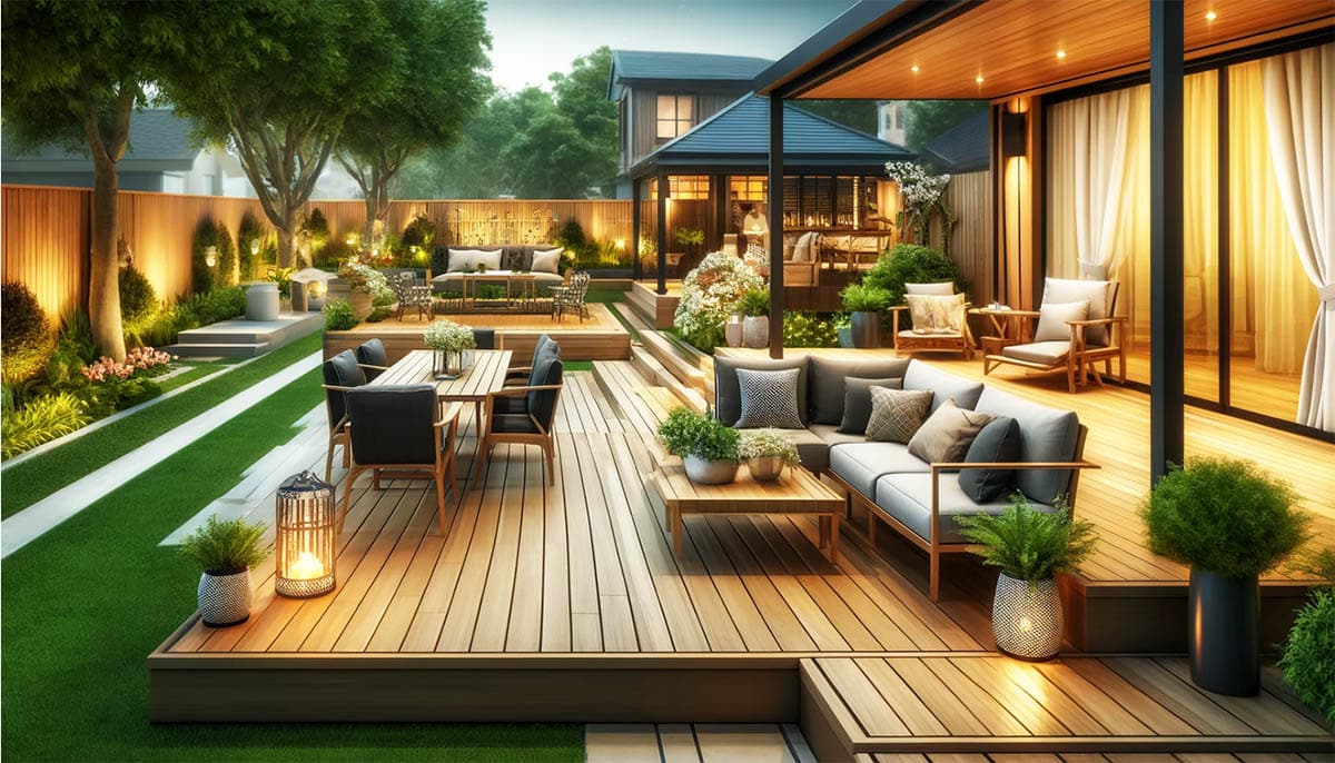 Backyard wood deck plan illustration