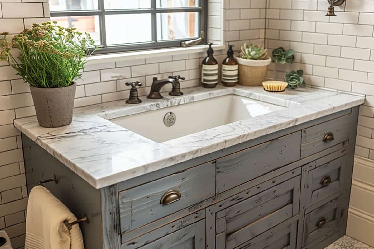 Bathroom with weathered wood vanity in gray with cup pulls